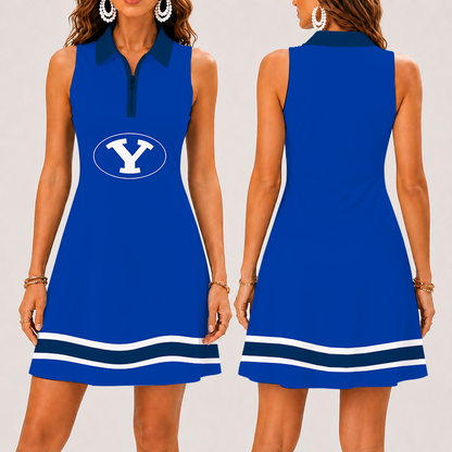 [FAN FAVORITE] NEW CUSTOMIZED NCAA FBS11 BYU BYU COUGARS WOMEN'S ZIP SLEEVELESS POLO DRESS