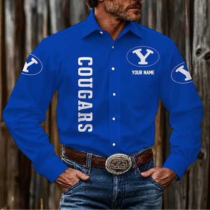 LIMITED EDITION - NEW CUSTOMIZED NCAA FBS11 BYU BYU COUGARS MEN'S LONG SLEEVE BUTTON-UP SHIRT