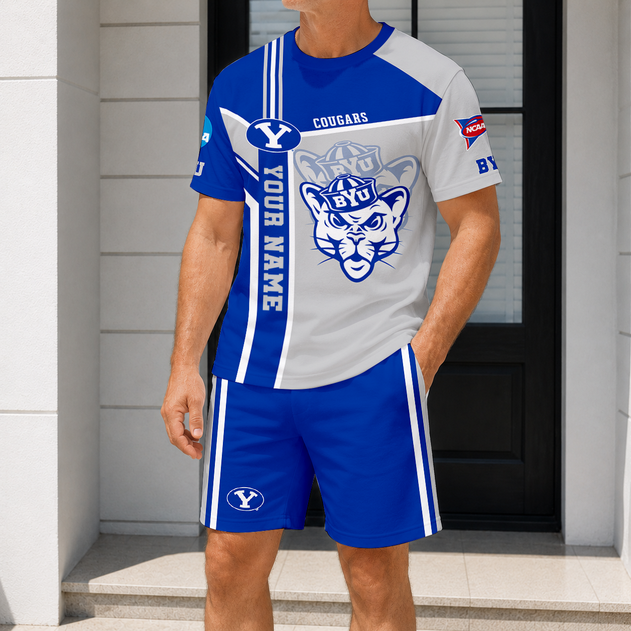 ELITE EDITION - NEW CUSTOMIZED NCAA FBS11 BYU BYU COUGARS T-SHIRT & SHORT PANTS SET