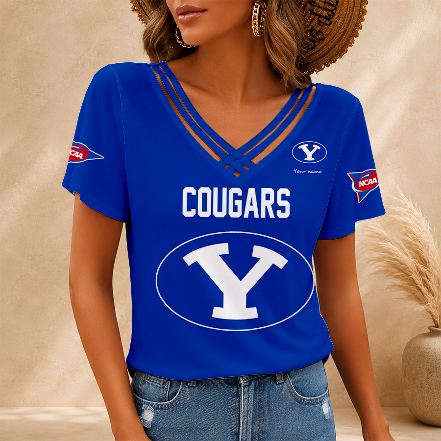 [FAN FAVORITE] NEW CUSTOMIZED NCAA FBS11 BYU BYU COUGARS V-NECK SHIRT