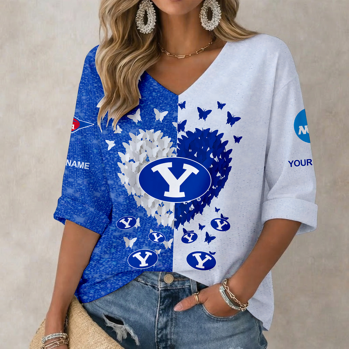 LIMITED EDITION - NEW CUSTOMIZED NCAA FBS11 BYU BYU COUGARS WOMEN'S HEART V-NECK LONG SLEEVE SHIRT
