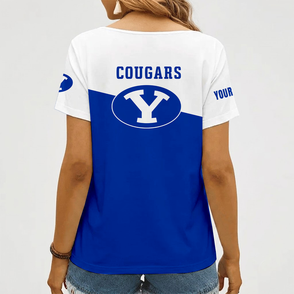 [FAN FAVORITE] NEW CUSTOMIZED NCAA FBS11 BYU BYU COUGARS V-NECK FEMALE SHIRT