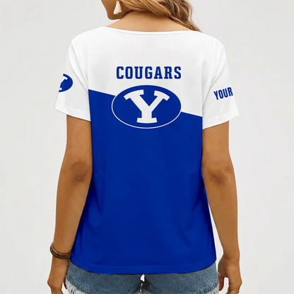 [FAN FAVORITE] NEW CUSTOMIZED NCAA FBS11 BYU BYU COUGARS V-NECK FEMALE SHIRT