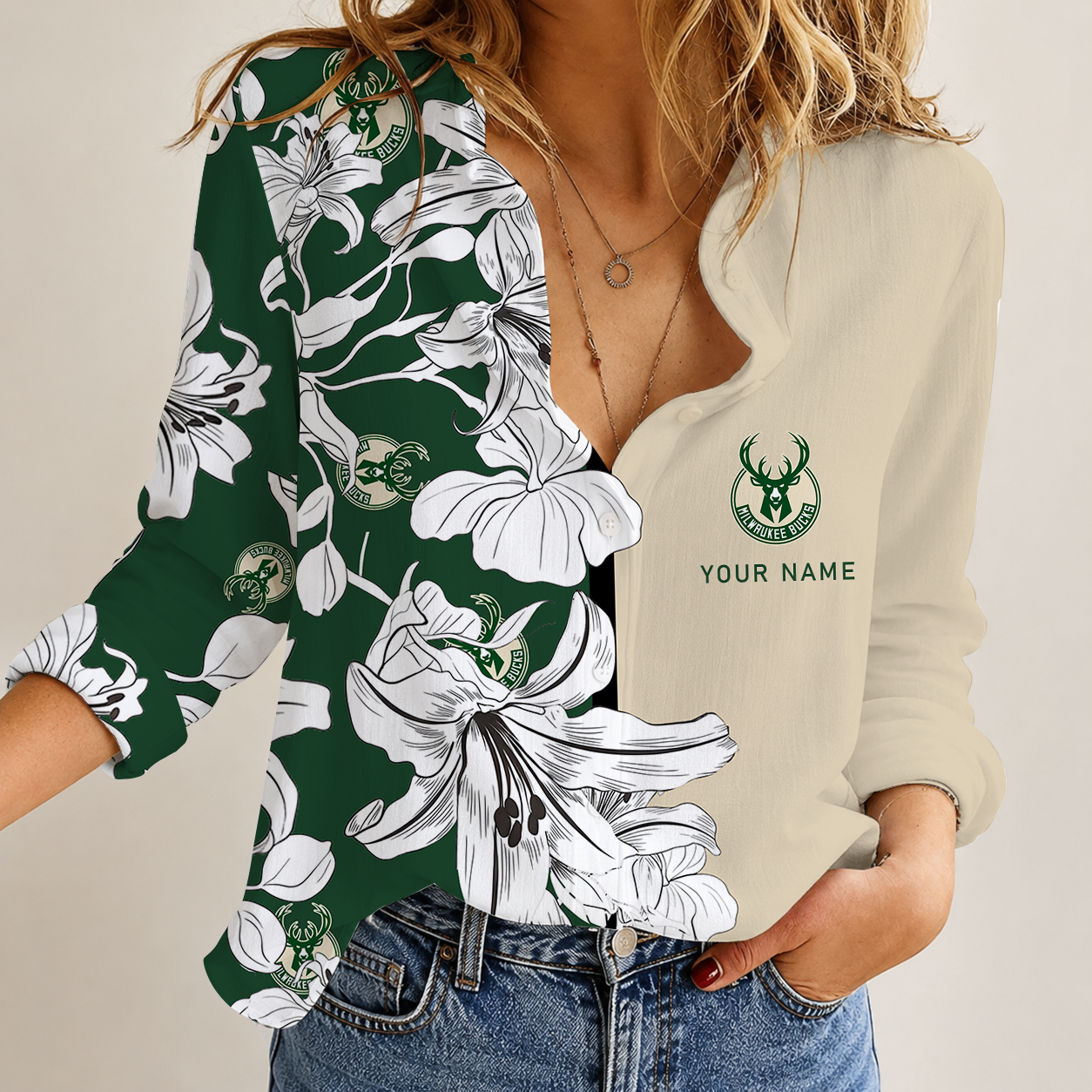 [HOT DEAL] NEW CUSTOMIZED NBA11 MBU MILWAUKEE BUCKS WOMEN CASUAL SHIRT FOR FAN