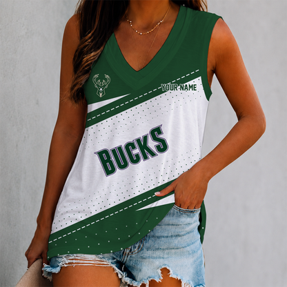 VIRAL EDITION - NEW CUSTOMIZED NBA11 MBU MILWAUKEE BUCKS WOMEN'S V-NECK TANK TOP