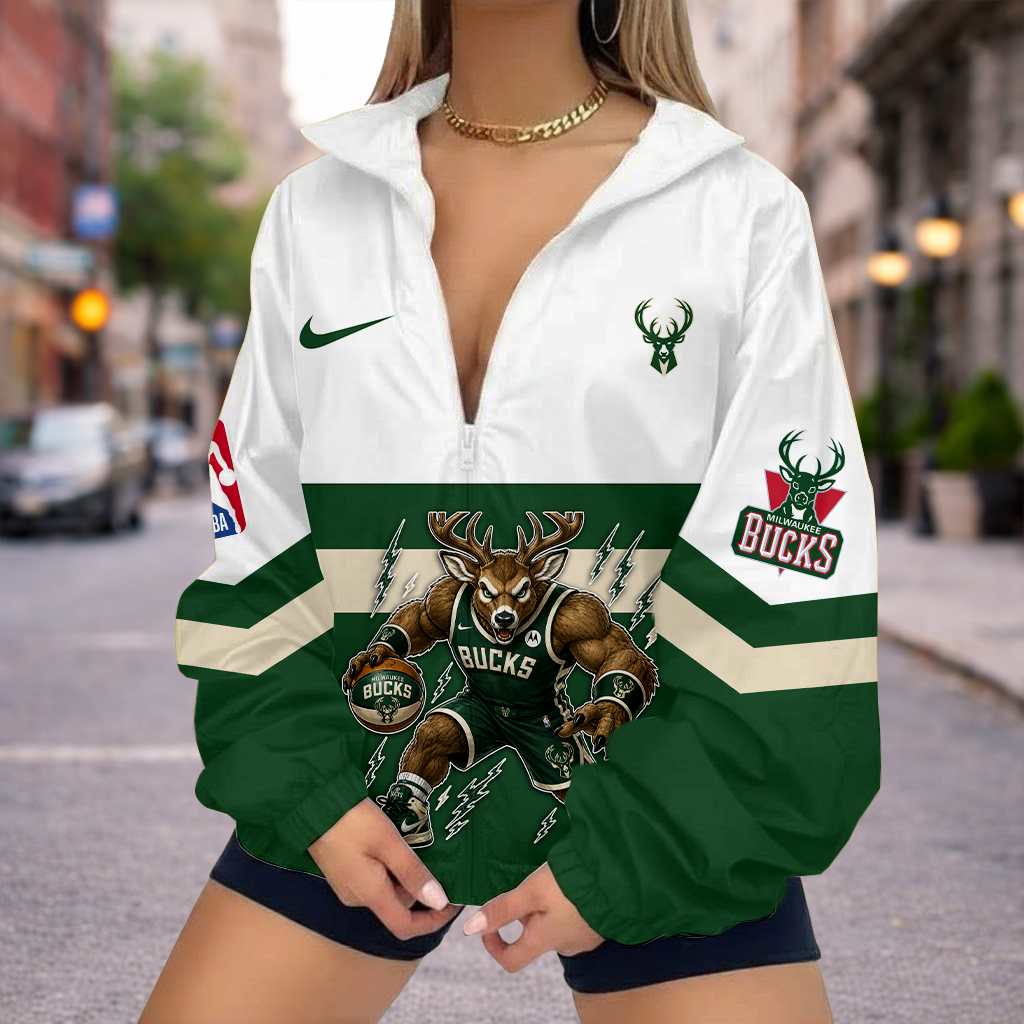 VIRAL EDITION - NEW CUSTOMIZED NBA11 MBU MILWAUKEE BUCKS V-NECK ZIPPER SWEATSHIRT JACKET