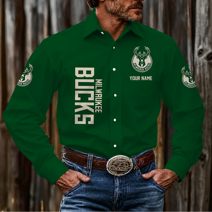 LIMITED EDITION - NEW CUSTOMIZED NBA11 MBU MILWAUKEE BUCKS MEN'S LONG SLEEVE BUTTON-UP SHIRT