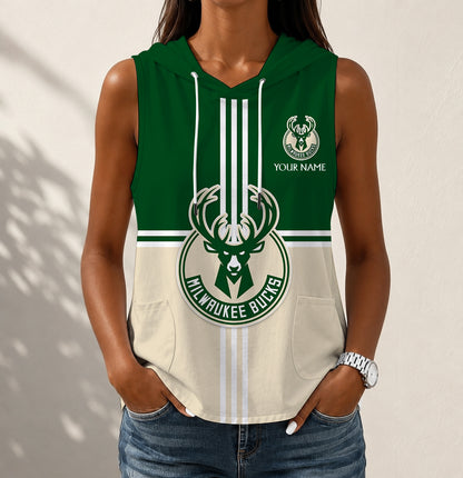 LIMITED EDITION - NEW CUSTOMIZED NBA11 MBU MILWAUKEE BUCKS WOMEN'S SLEEVELESS HOODED POCKET TANK TOP