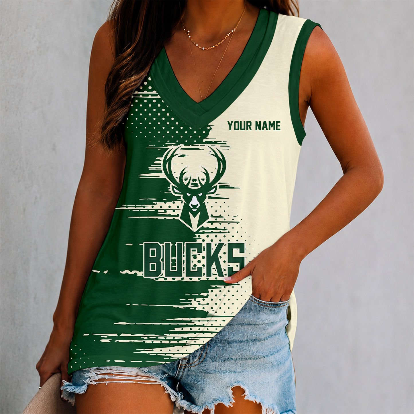 FINAL SALE - NEW CUSTOMIZED NBA11 MBU MILWAUKEE BUCKS WOMEN'S V-NECK TANK TOP
