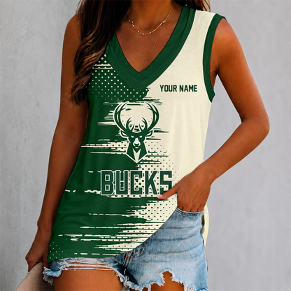 FINAL SALE - NEW CUSTOMIZED NBA11 MBU MILWAUKEE BUCKS WOMEN'S V-NECK TANK TOP