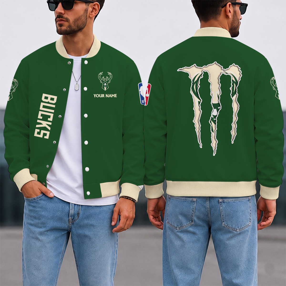 LIMITED EDITION - NEW CUSTOMIZED NBA11 MBU MILWAUKEE BUCKS BASEBALL JACKET, SATIN VARSITY JACKET