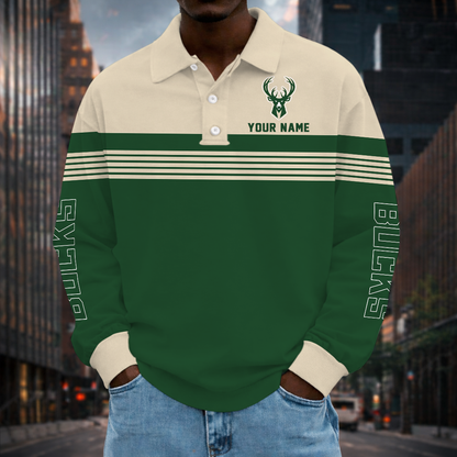 ELITE EDITION - NEW CUSTOMIZED NBA11 MBU MILWAUKEE BUCKS MEN LONG SLEEVE POLO