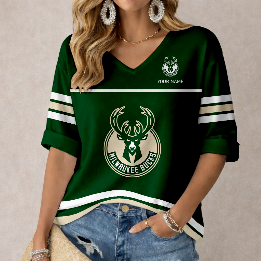 LIMITED EDITION - NEW CUSTOMIZED NBA11 MBU MILWAUKEE BUCKS WOMEN'S HEART V-NECK LONG SLEEVE SHIRT
