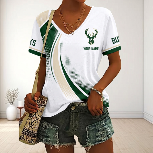FINAL SALE - NEW CUSTOMIZED NBA11 MBU MILWAUKEE BUCKS V-NECK FEMALE SHIRT