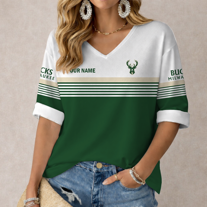 LIMITED EDITION - NEW CUSTOMIZED NBA11 MBU MILWAUKEE BUCKS WOMEN'S HEART V-NECK LONG SLEEVE SHIRT