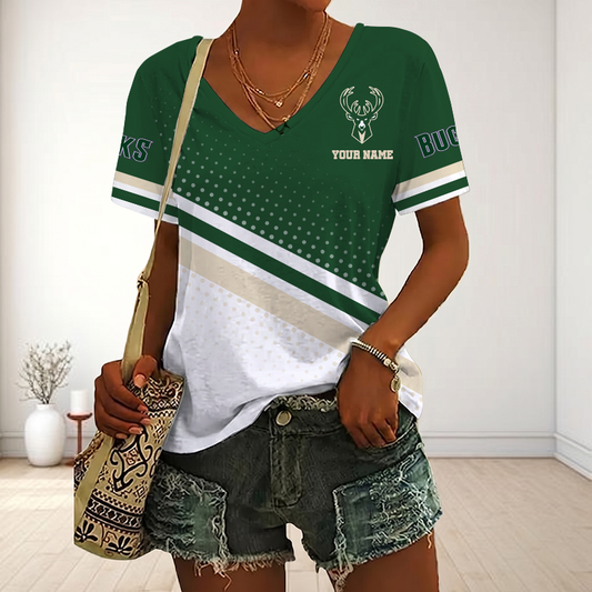 LIMITED EDITION - NEW CUSTOMIZED NBA11 MBU MILWAUKEE BUCKS V-NECK FEMALE SHIRT