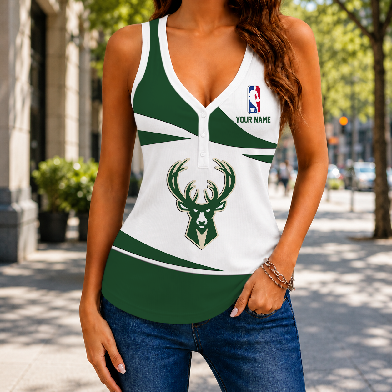 VIRAL EDITION - NEW CUSTOMIZED NBA11 MBU MILWAUKEE BUCKS WOMEN'S V-NECK TANK TOP