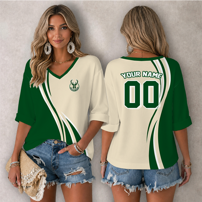 LIMITED EDITION - NEW CUSTOMIZED NBA11 MBU MILWAUKEE BUCKS WOMEN'S HEART V-NECK LONG SLEEVE SHIRT