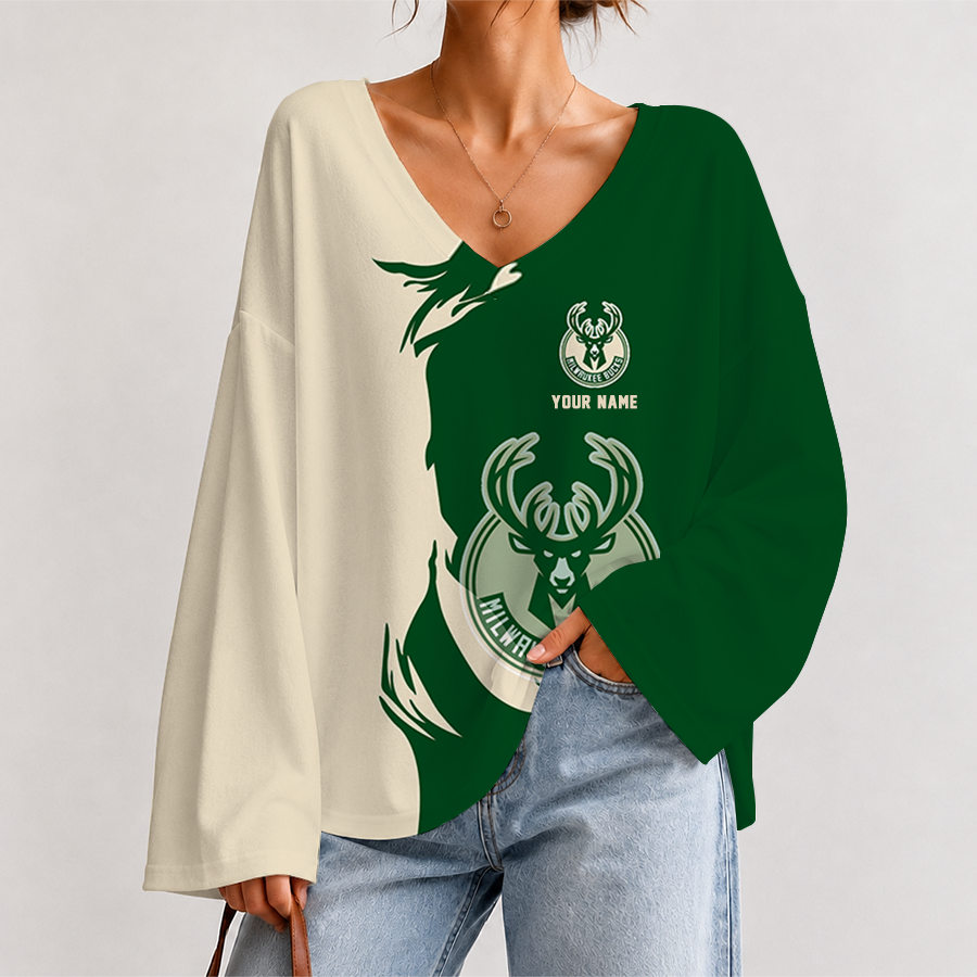 [HOT DEAL] NEW CUSTOMIZED NBA11 MBU MILWAUKEE BUCKS V-NECK LONG SLEEVED CROP TOP