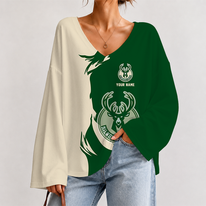 [HOT DEAL] NEW CUSTOMIZED NBA11 MBU MILWAUKEE BUCKS V-NECK LONG SLEEVED CROP TOP