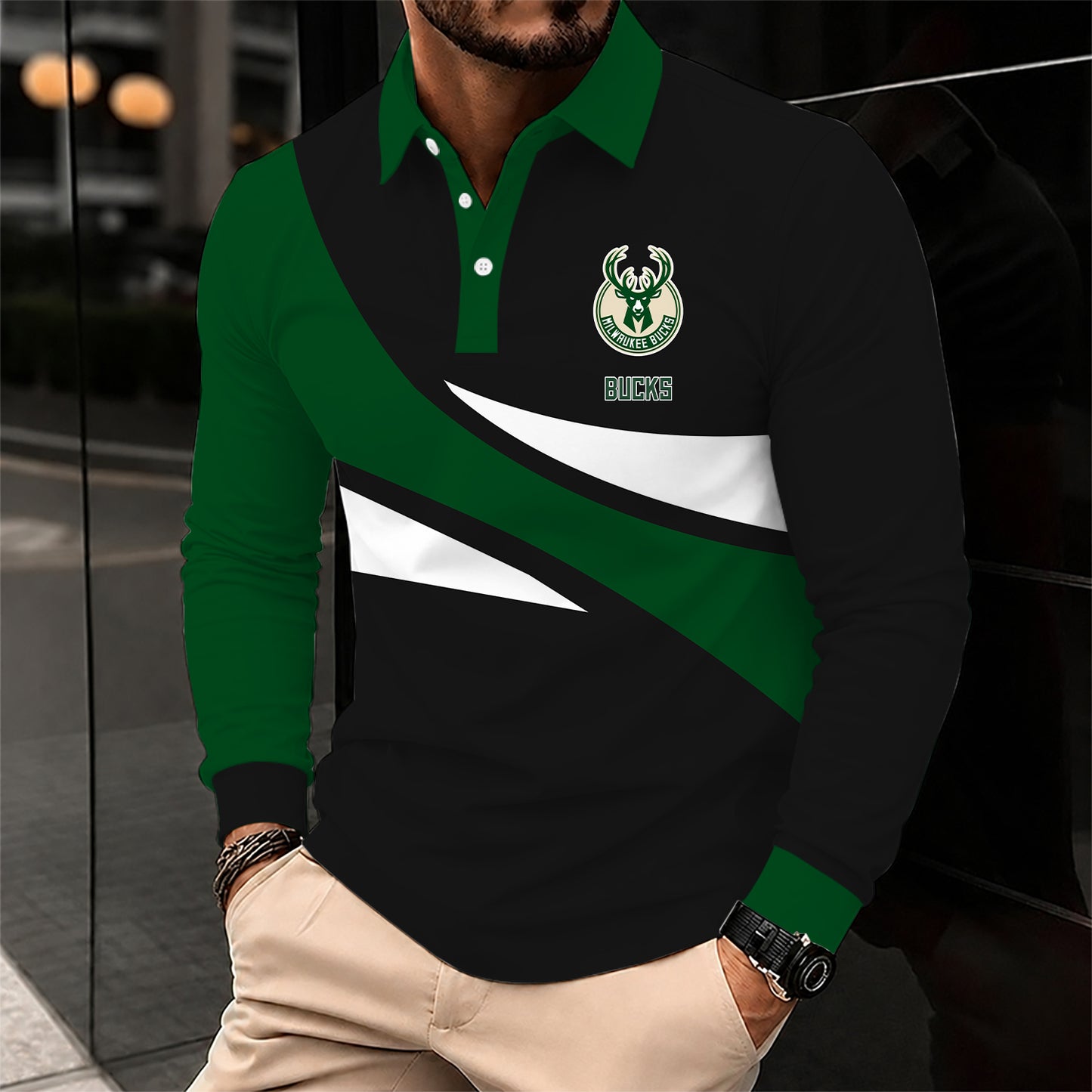 [HOT DEAL] NEW CUSTOMIZED NBA11 MBU MILWAUKEE BUCKS MEN LONG SLEEVE POLO