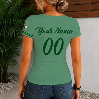 [HOT DEAL] NEW CUSTOMIZED NBA11 MBU MILWAUKEE BUCKS  WOMEN'S SHORT SLEEVE HENLEY T-SHIRT