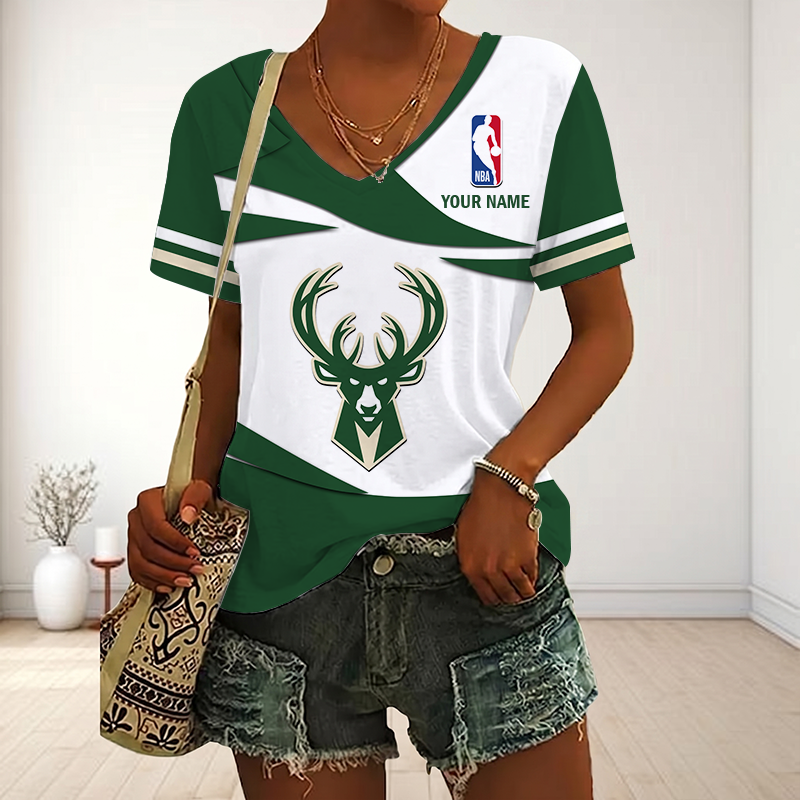 LIMITED EDITION - NEW CUSTOMIZED NBA11 MBU MILWAUKEE BUCKS V-NECK FEMALE SHIRT