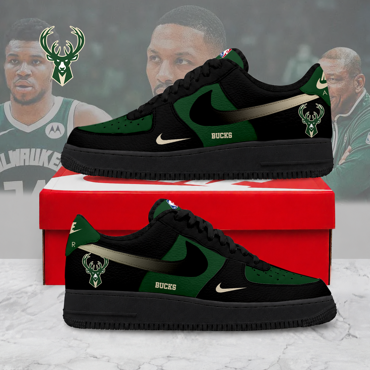 LIMITED EDITION - NEW CUSTOMIZED NBA11 MBU MILWAUKEE BUCKS AF1 SNEAKERS