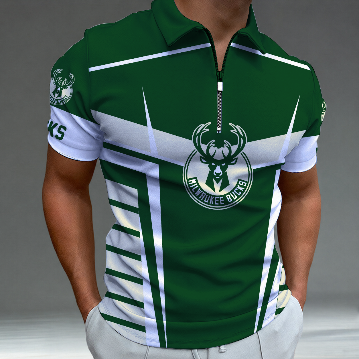 [HOT DEAL] NEW CUSTOMIZED NBA11 MBU MILWAUKEE BUCKS ZIP POLO SHIRT
