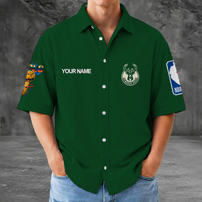 [HOT DEAL] NEW CUSTOMIZED NBA11 MBU MILWAUKEE BUCKS SEERSUCKER BUTTON SHIRT