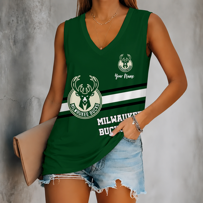 [HOT DEAL] NEW CUSTOMIZED NBA11 MBU MILWAUKEE BUCKS WOMEN'S V-NECK TANK TOP