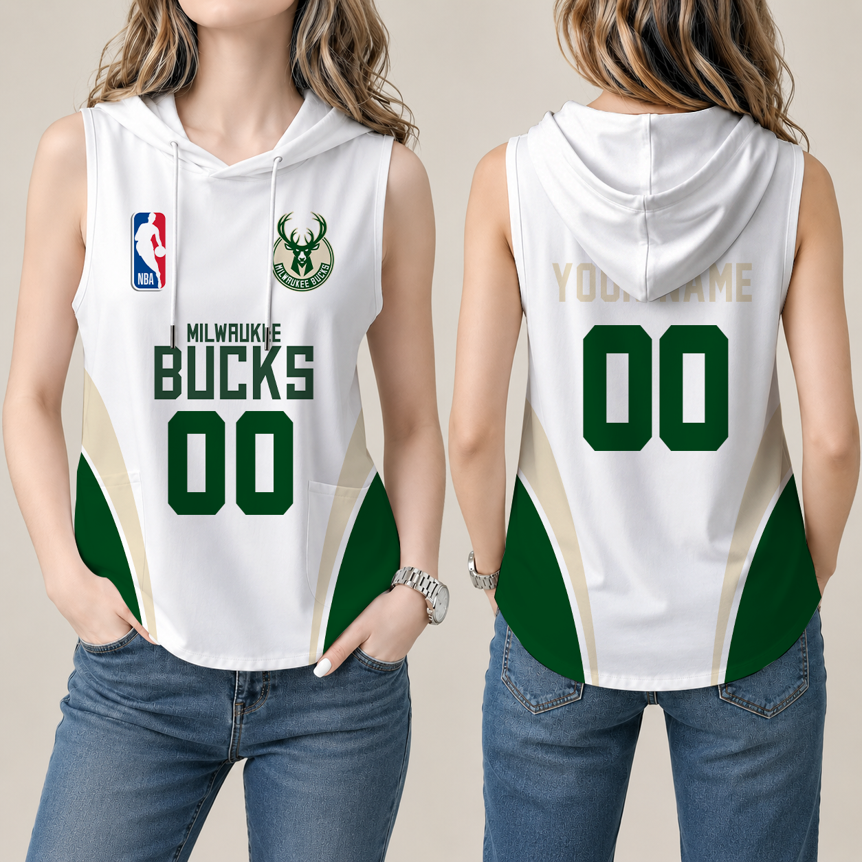 [HOT DEAL] NEW CUSTOMIZED NBA11 MBU MILWAUKEE BUCKS  WOMEN'S SLEEVELESS HOODED POCKET TANK TOP