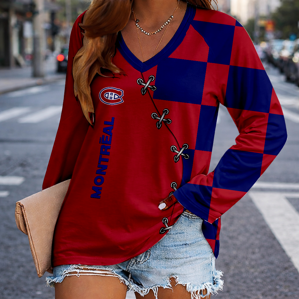 LIMITED EDITION - NEW CUSTOMIZED NHL11 MCD MONTREAL CANADIENS WOMEN'S V-NECK LONG SLEEVED SHIRT