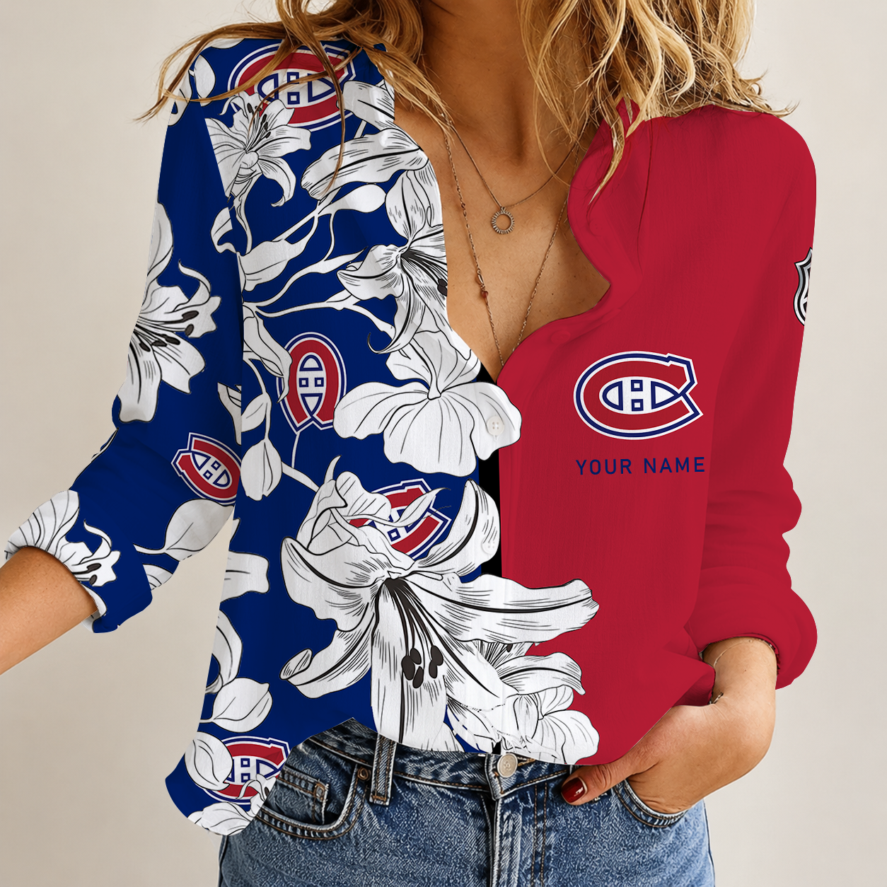 [SUPER SALE] NEW CUSTOMIZED NHL11 MCD MONTREAL CANADIENS WOMEN CASUAL SHIRT
