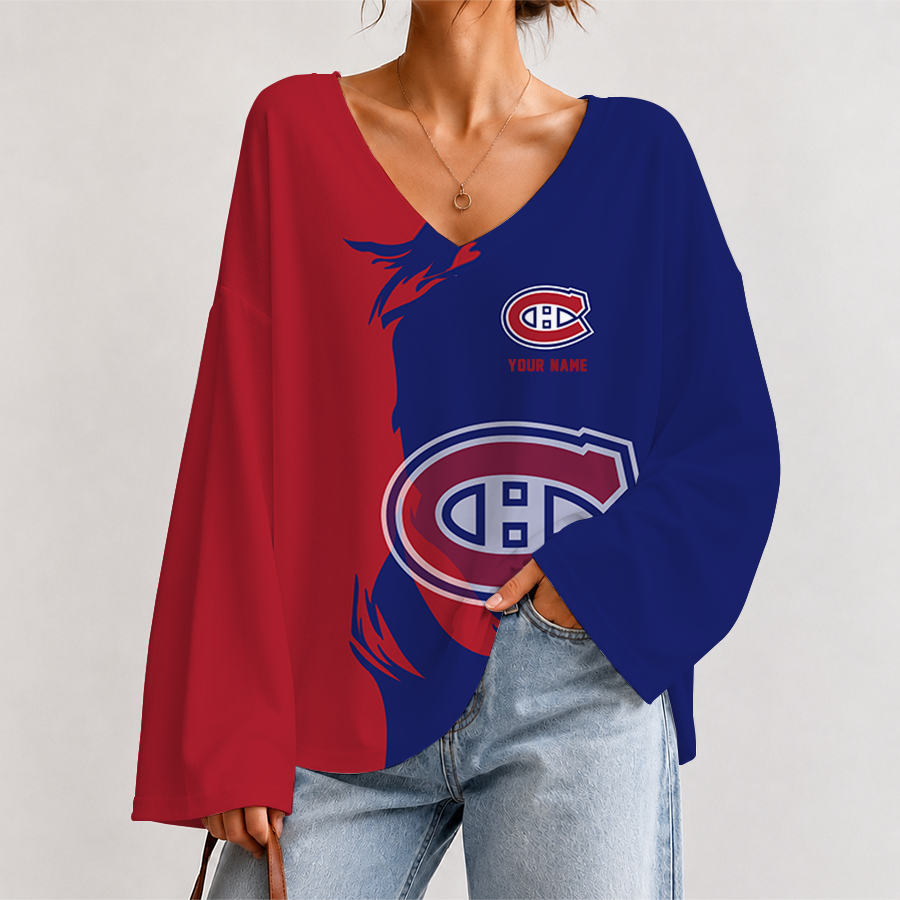 [SUPER SALE] NEW CUSTOMIZED NHL11 MCD MONTREAL CANADIENS V-NECK LONG SLEEVED CROP TOP