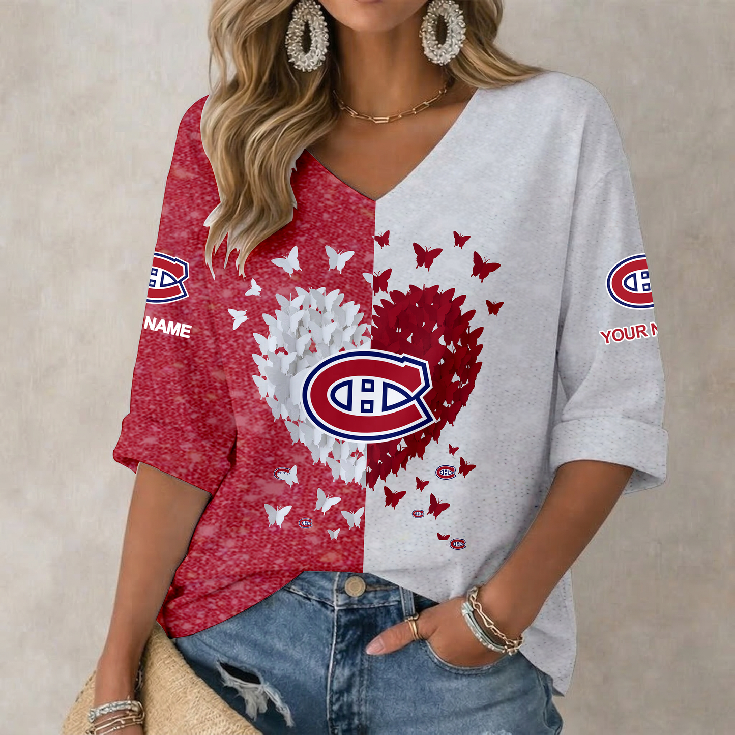LIMITED EDITION - NEW CUSTOMIZED NHL11 MCD MONTREAL CANADIENS WOMEN'S HEART V-NECK LONG SLEEVE SHIRT
