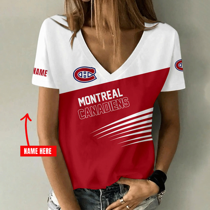 [SUPER SALE] NEW CUSTOMIZED NHL11 MCD MONTREAL CANADIENS V-NECK FEMALE SHIRT