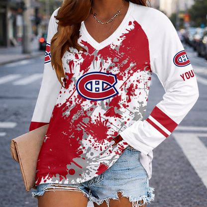 [SUPER SALE] NEW CUSTOMIZED NHL11 MCD MONTREAL CANADIENS WOMEN'S V-NECK LONG SLEEVED SHIRT