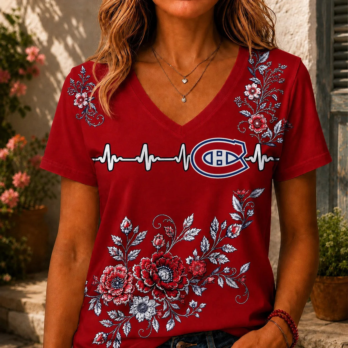 [SUPER SALE] NEW CUSTOMIZED NHL11 MCD MONTREAL CANADIENS V-NECK FEMALE SHIRT