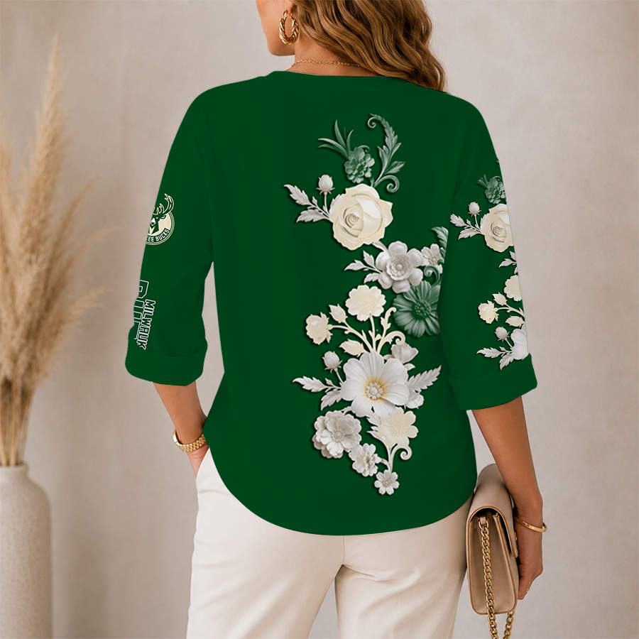 [HOT DEAL] NEW CUSTOMIZED NBA11 MBU MILWAUKEE BUCKS WOMEN'S V-NECK LONG SLEEVE SHIRT