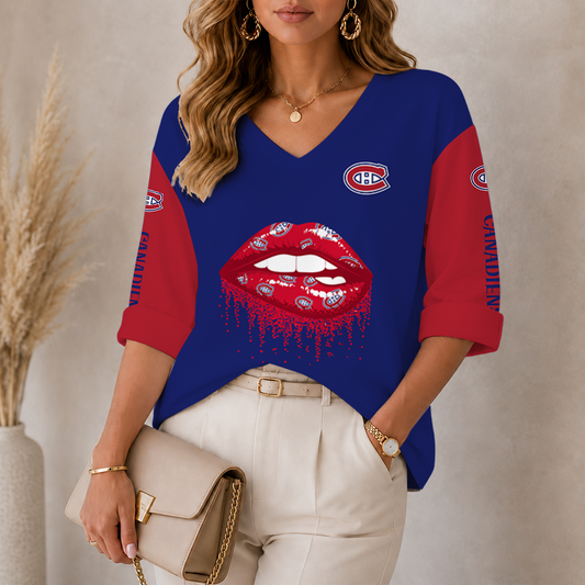 [SUPER SALE] NEW CUSTOMIZED NHL11 MCD MONTREAL CANADIENS WOMEN'S HEART V-NECK LONG SLEEVE SHIRT