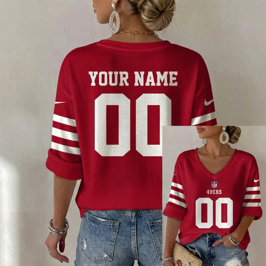 ELITE EDITION - NEW CUSTOMIZED NFL11 SF49 SAN FRANCISCO 49ERS WOMEN'S HEART V-NECK LONG SLEEVE SHIRT