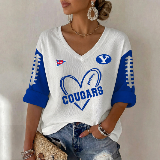 ELITE EDITION - NEW CUSTOMIZED NCAA FBS11 BYU BYU COUGARS WOMEN'S HEART V-NECK LONG SLEEVE SHIRT