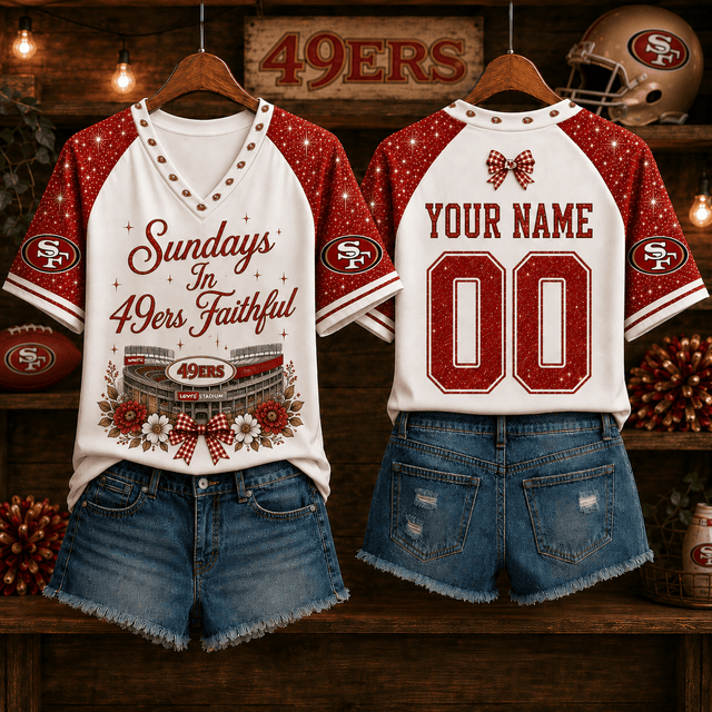 EXCLUSIVE EDITION - NEW CUSTOMIZED NFL11 SF49 SAN FRANCISCO 49ERS V-NECK FEMALE SHIRT