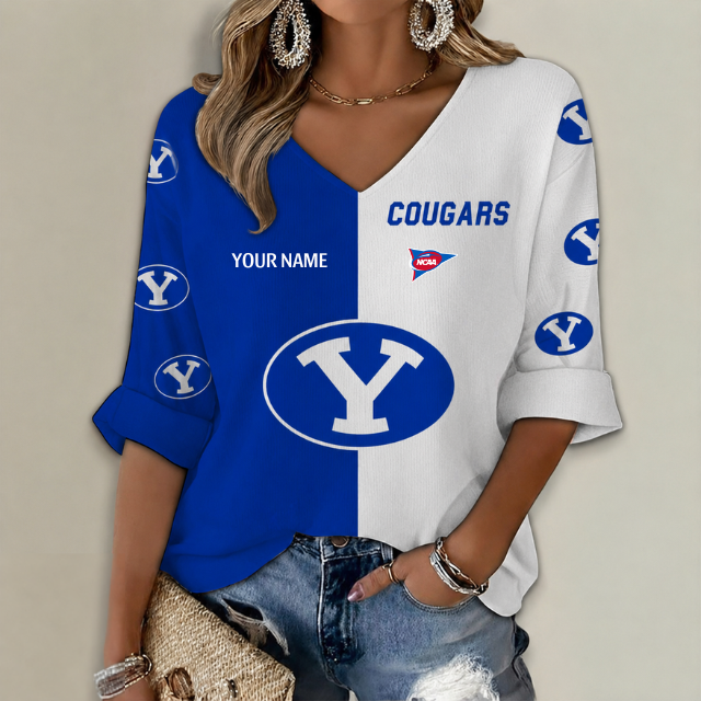 ELITE EDITION - NEW CUSTOMIZED NCAA FBS11 BYU BYU COUGARS WOMEN'S HEART V-NECK LONG SLEEVE SHIRT