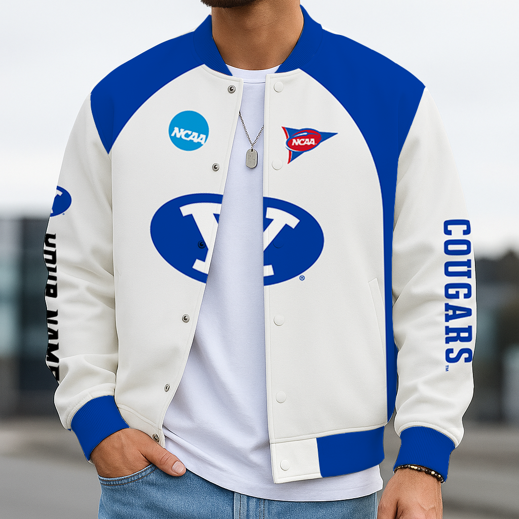 LIMITED EDITION - NEW CUSTOMIZED NCAA FBS11 BYU BYU COUGARS BASEBALL JACKET, SATIN VARSITY JACKET