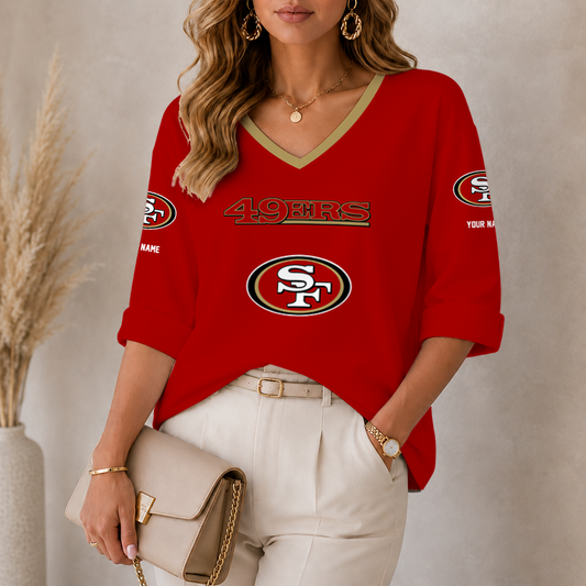 [SPECIAL OFFER] NEW CUSTOMIZED NFL11 SF49 SAN FRANCISCO 49ERS WOMEN'S HEART V-NECK LONG SLEEVE SHIRT