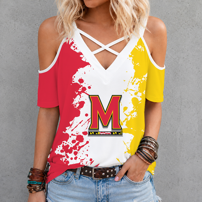 [FAN FAVORITE] NEW CUSTOMIZED NCAA MAM11 MLT MARYLAND TERRAPINS CRISS CROSS V-NECK TOP