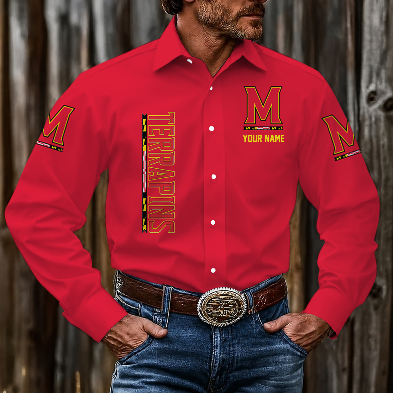 EXCLUSIVE EDITION - NEW CUSTOMIZED NCAA MAM11 MLT MARYLAND TERRAPINS MEN'S LONG SLEEVE BUTTON-UP SHIRT