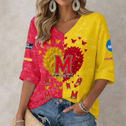 LIMITED EDITION - NEW CUSTOMIZED NCAA MAM11 MLT MARYLAND TERRAPINS WOMEN'S HEART V-NECK LONG SLEEVE SHIRT